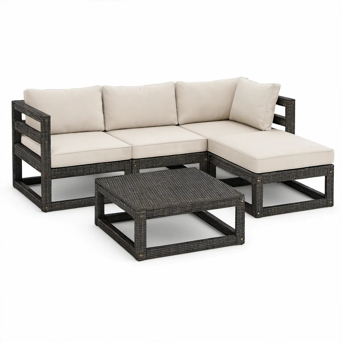 L-förmige Gartenlounge mit rechtem Longchair und Couchtisch, Polyrattan, Dunkelgrau/Beige, 205 × 145 × 70 cm