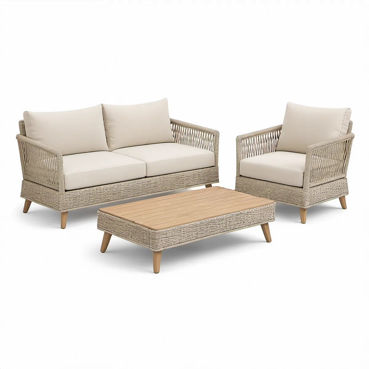 3-teiliges Garten-Loungeset aus Aluminium, PE-Geflecht und Akazienholz in Beige/Naturbraun, Sofa 150 × 80 × 78 cm