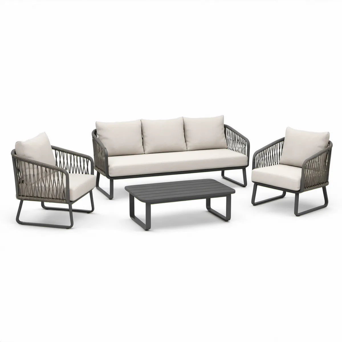 4-teiliges Gartenlounge-Set, Anthrazit/Beige, mit 3-Sitzer-Sofa, 2 Sesseln und Couchtisch, Sofa 180 x 75 x 78 cm