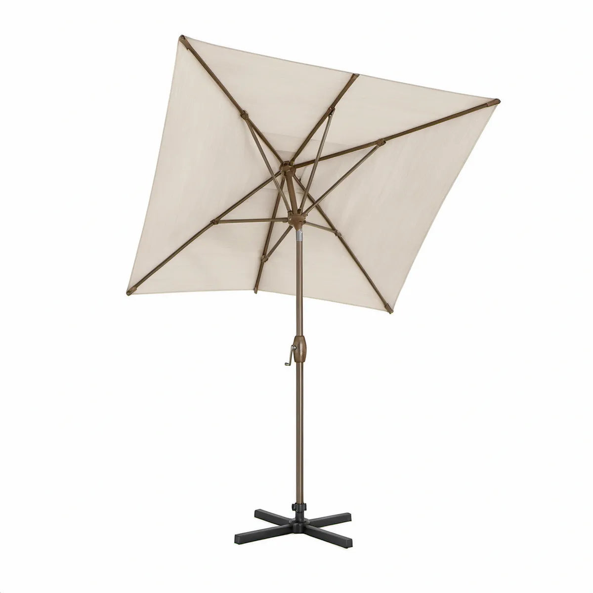 Quadratischer Sonnenschirm 250 x 250 cm in Creme mit braunem Stahlgestell und schwarzem Kreuzfuss
