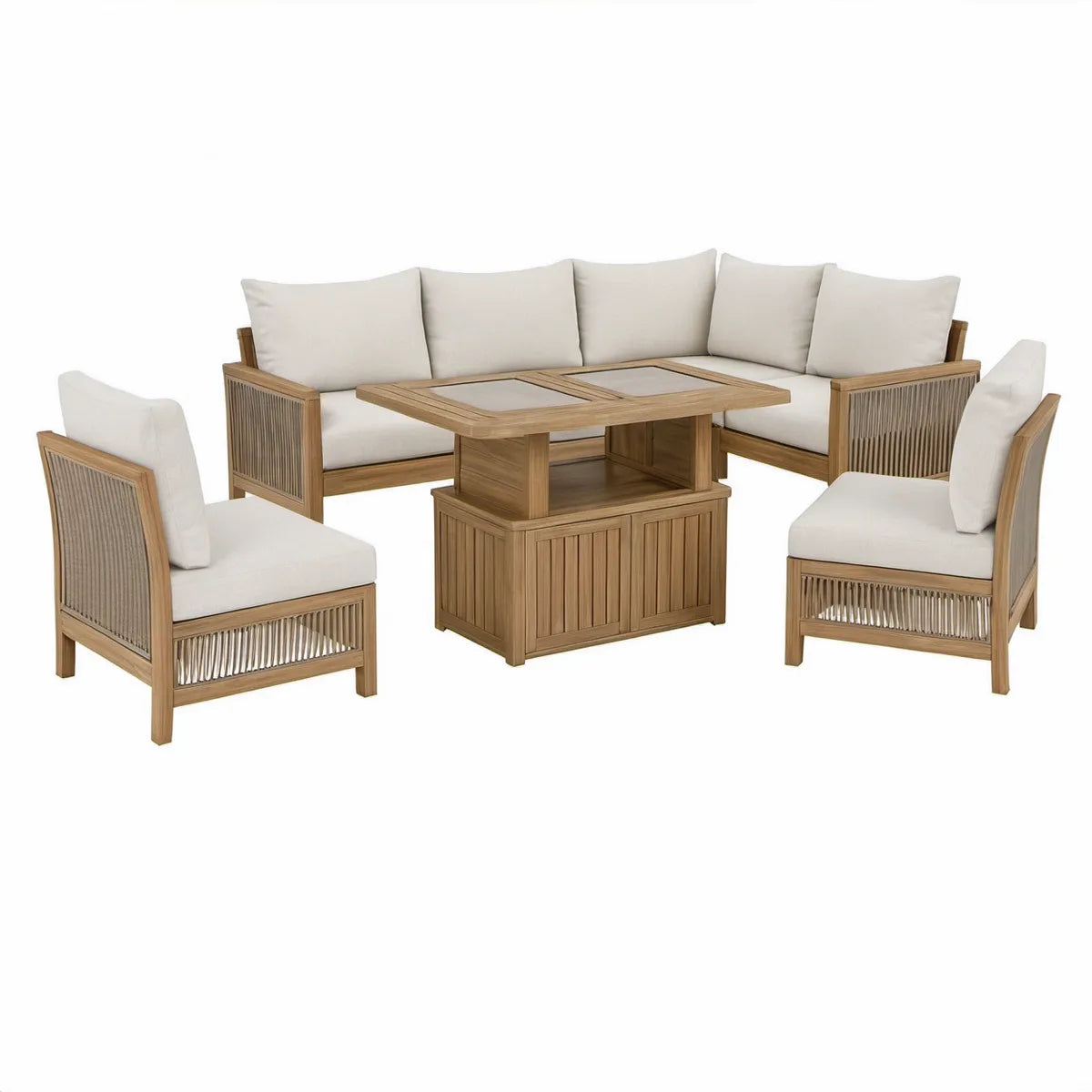 5-teiliges Gartenlounge-Set aus Akazienholz, Naturbraun/Cremeweiss, Ecksofa 240 x 240 cm