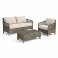 3-teiliges Gartenlounge-Set aus PE-Rattan in Grau, Creme und Naturbraun mit 2-Sitzer-Sofa, Sessel und Couchtisch