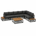 7-teiliges Gartenlounge-Ecksofa-Set mit Couchtisch und Beistelltischen, Aluminium und Akazienholz, Anthrazit/Schwarz/Naturbraun, 300 x 230 x 70 cm