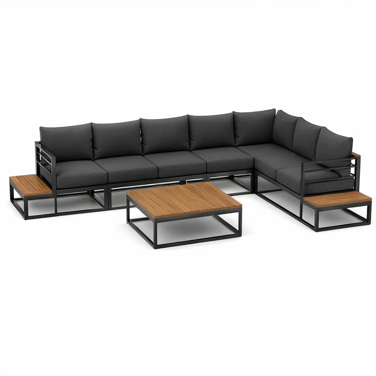 7-teiliges Gartenlounge-Ecksofa-Set mit Couchtisch und Beistelltischen, Aluminium und Akazienholz, Anthrazit/Schwarz/Naturbraun, 300 x 230 x 70 cm