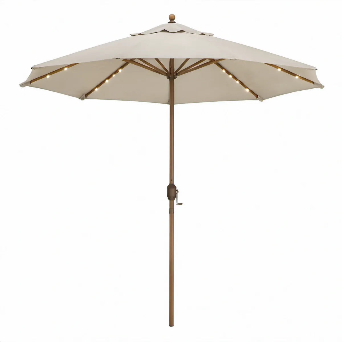 Runder Sonnenschirm mit LED-Beleuchtung Ø 300 cm, Creme/Braun, Holzgestell