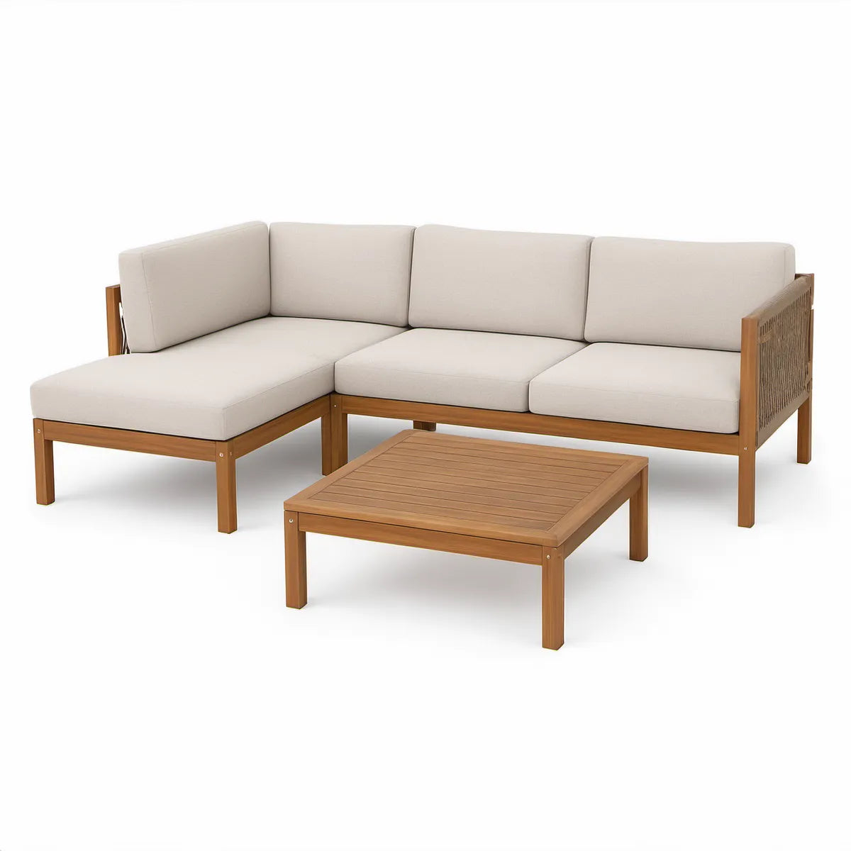 Gartenlounge in L-Form aus Akazienholz, Naturbraun/Beige, 220 × 145 × 76 cm, mit Tisch 90 × 60 × 42 cm