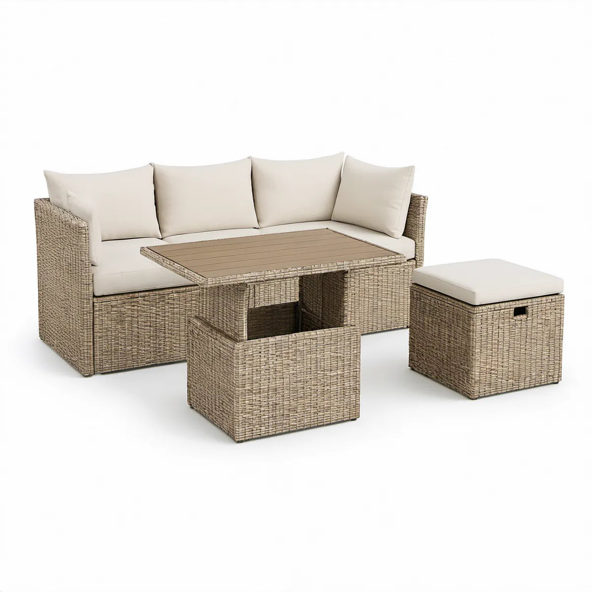 4-teiliges Gartenlounge-Set aus PE-Rattan in Taupe/Creme, Sofa 178 x 74 x 74 cm, Tisch 100 x 50 x 45 cm
