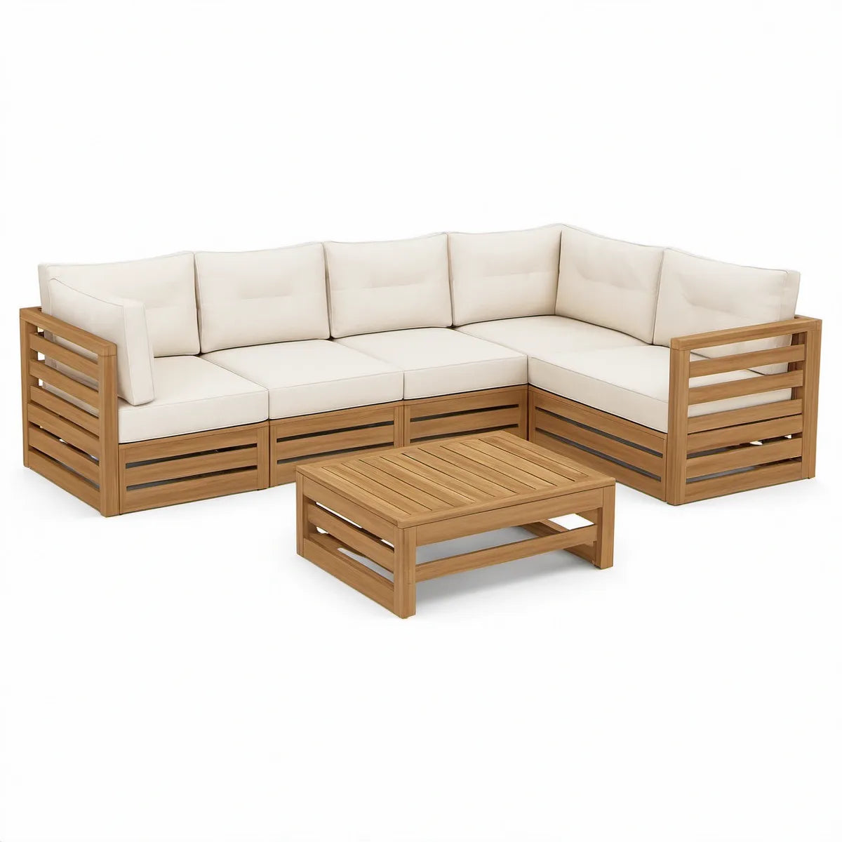 5-teiliges Gartenlounge-Ecksofa aus Akazien-Massivholz mit Couchtisch, Naturholz/Creme, 250 x 250 cm