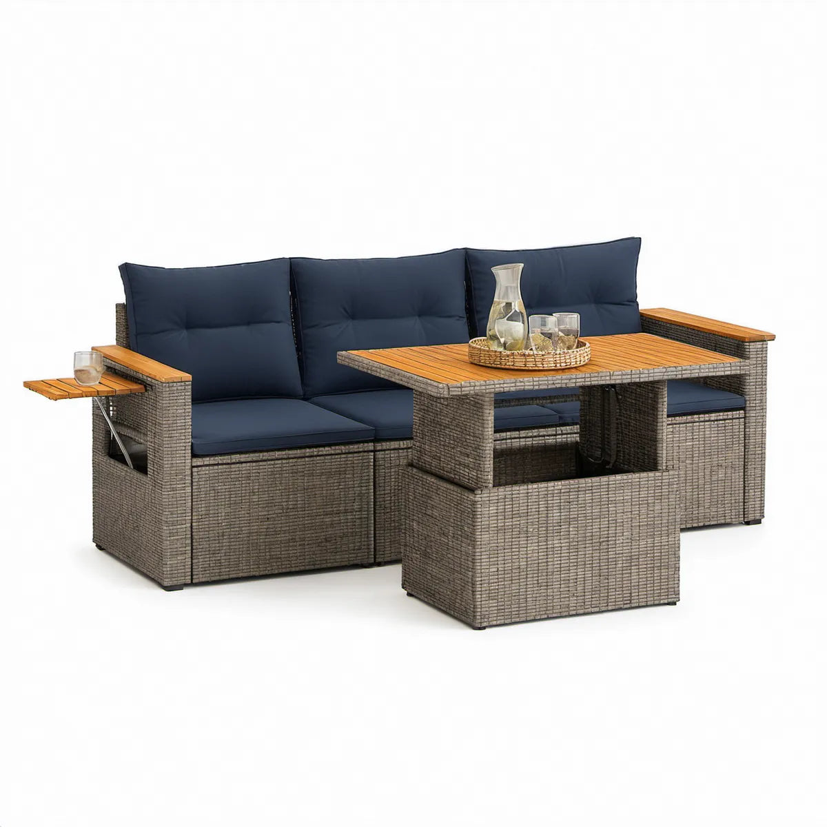 Gartenlounge-Set mit 2-Sitzer-Bank, Tisch und 2 Hockern, Grau/Dunkelblau/Naturbraun, 200 x 75 x 88 cm