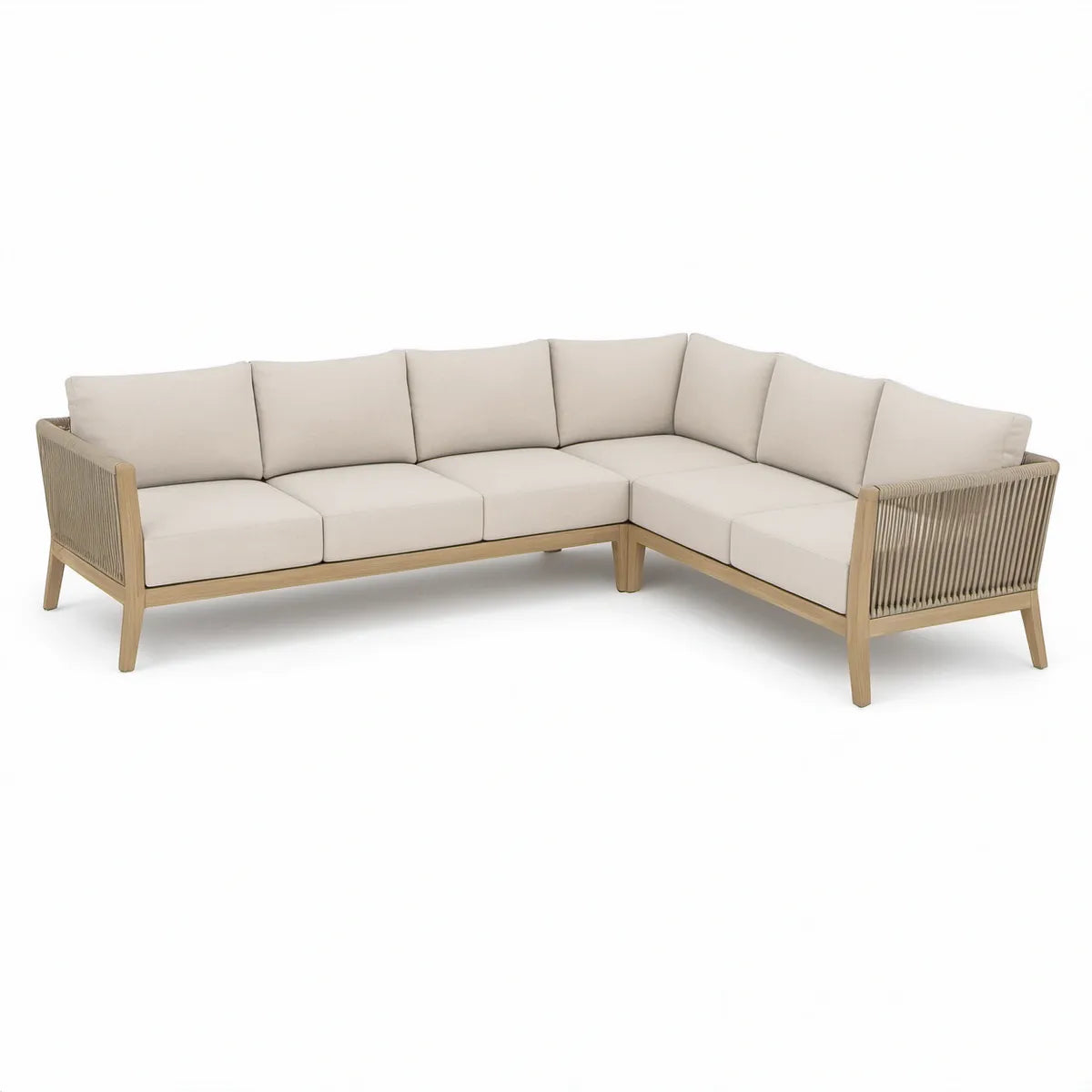 Garten-Ecksofa, 5-Sitzer in L-Form aus massivem Akazienholz, Beige/Naturholz/Taupe, 210 x 210 x 78 cm