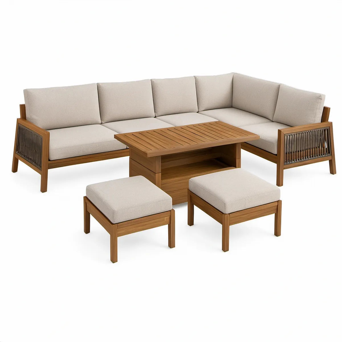 5-teiliges Gartenlounge-Set in L-Form aus Akazien-Massivholz, Naturbraun/Beige/Dunkelgrau, 198 x 198 cm