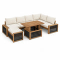 7-teiliges Gartenlounge-Set in L-Form aus Akazien-Massivholz, Naturbraun/Schwarz/Cremeweiss, 285 x 210 x 76 cm