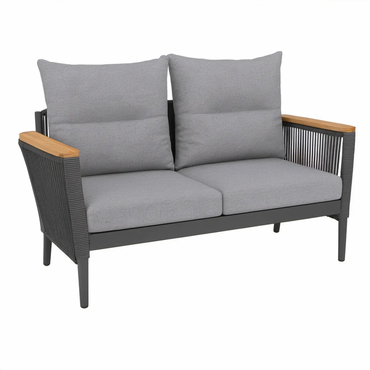 2-Sitzer Gartensofa 126 x 75 x 78 cm mit Kissen, Aluminium und PE-Geflecht, Grau/Schwarz/Naturbraun