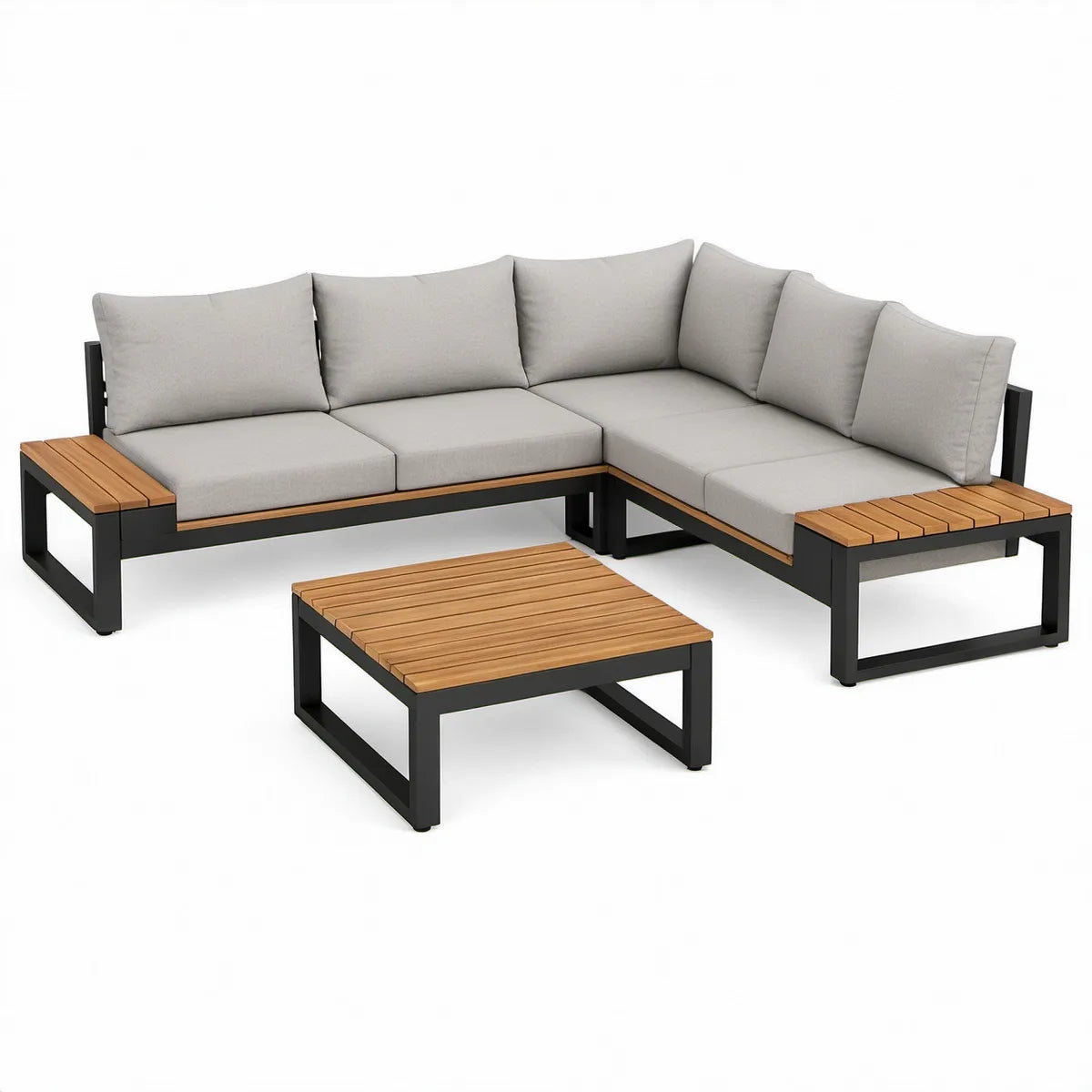 4-teiliges Gartenlounge-Set mit Ecksofa und Couchtisch, 270 x 205 x 68 cm, Grau/Schwarz/Braun