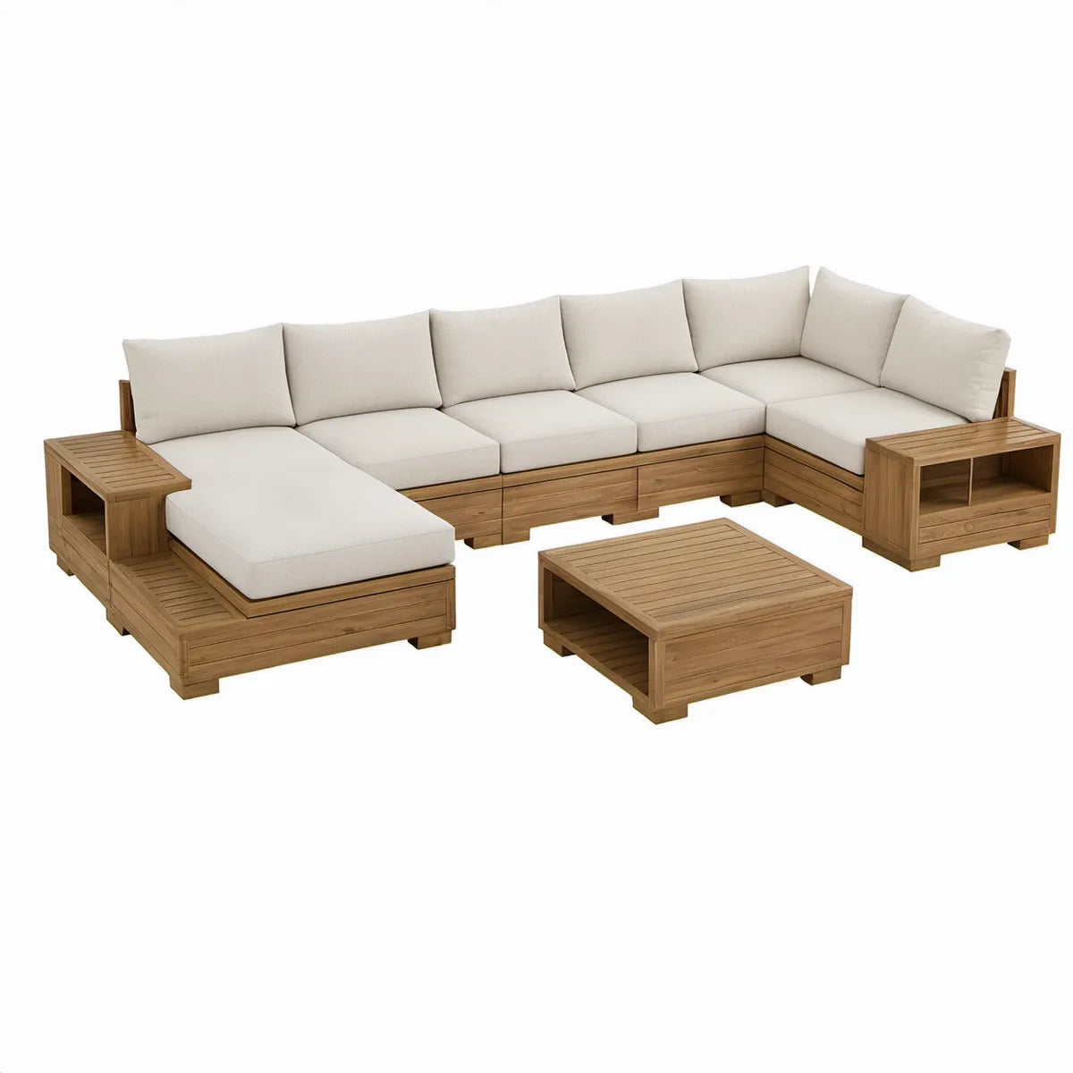 7-teiliges L-förmiges Lounge-Set aus massivem Akazienholz in Naturbraun mit cremefarbenen Kissen, 335 x 175 x 70 cm