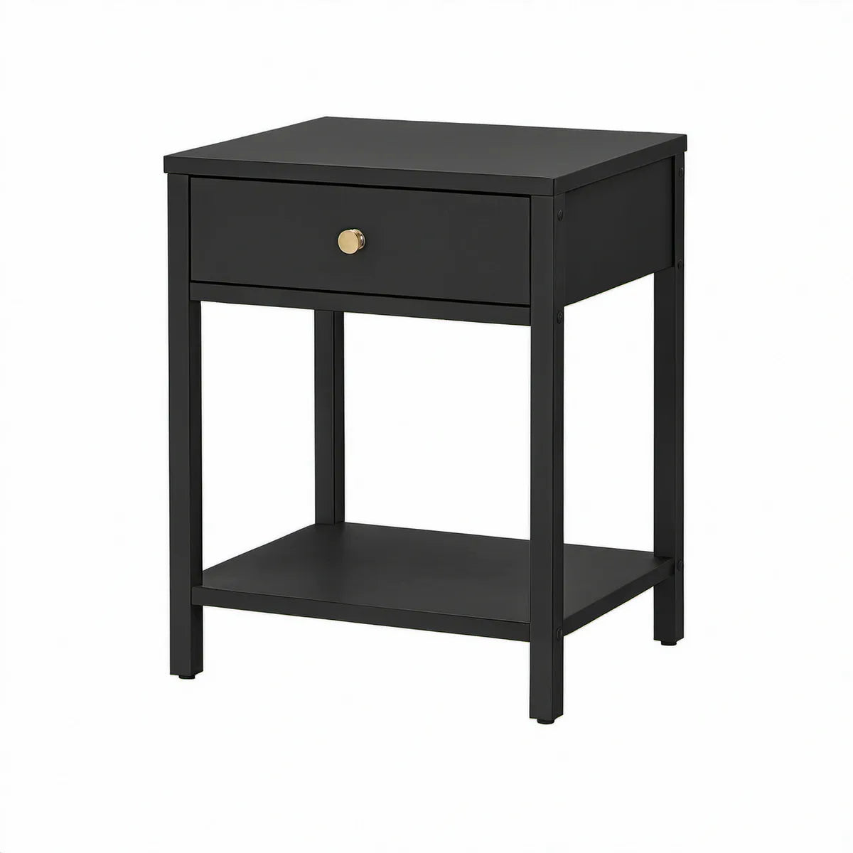 Schwarzer Stahl-Nachttisch mit goldfarbenem Knopf, Schublade und Ablage, 40 x 40 x 60 cm