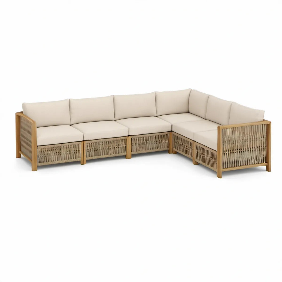 Garten-Loungesofa 4-Sitzer in L-Form aus Akazien-Massivholz und Polypropylen-Geflecht, Beige/Natur, 280 x 210 x 75 cm