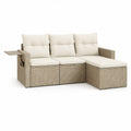 3-teiliges Gartenlounge-Ecksofa mit rechtem Liegeelement, Klapptisch und Kissen, 220 x 150 x 85 cm, Beige-Grau/Cremeweiss