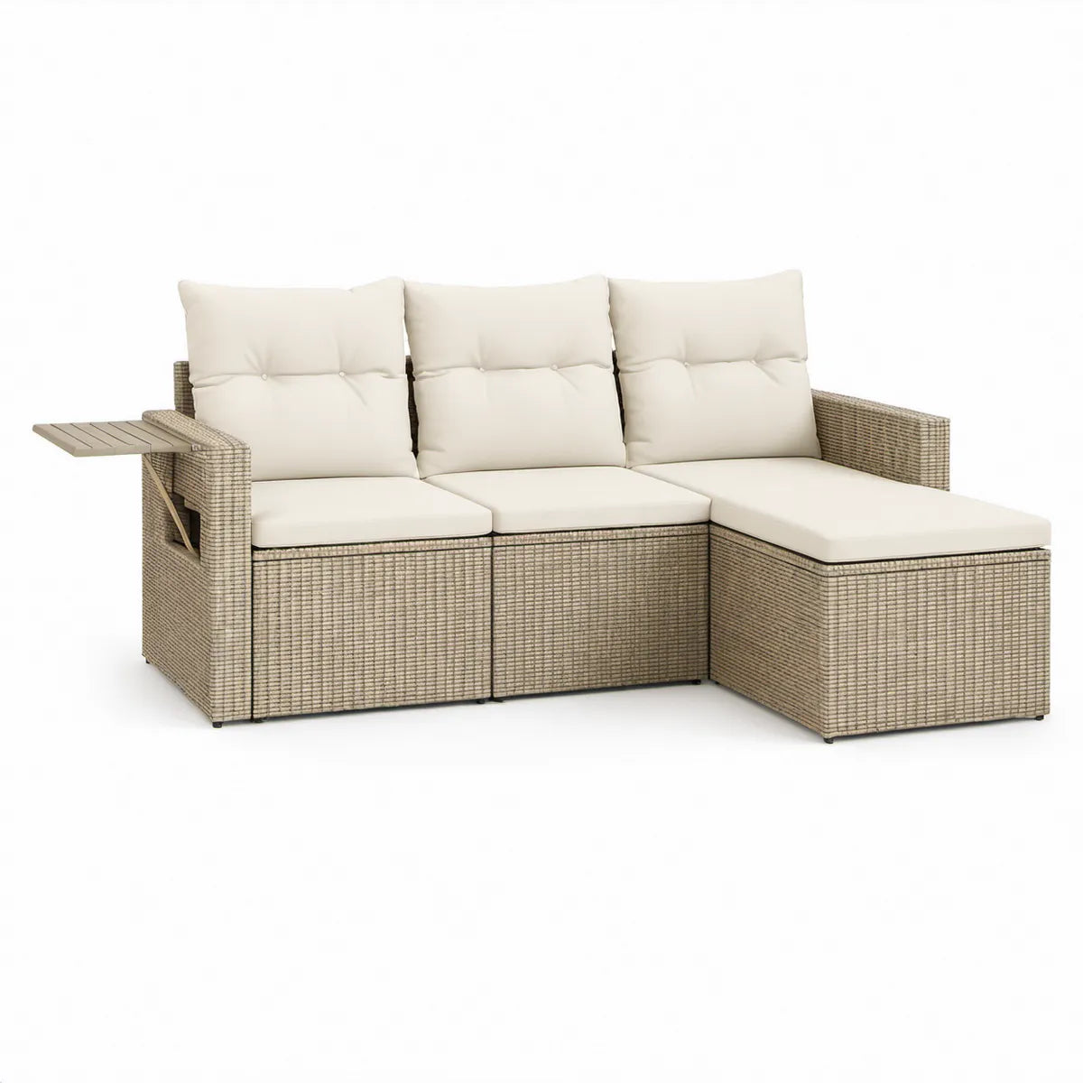 3-teiliges Gartenlounge-Ecksofa mit rechtem Liegeelement, Klapptisch und Kissen, 220 x 150 x 85 cm, Beige-Grau/Cremeweiss
