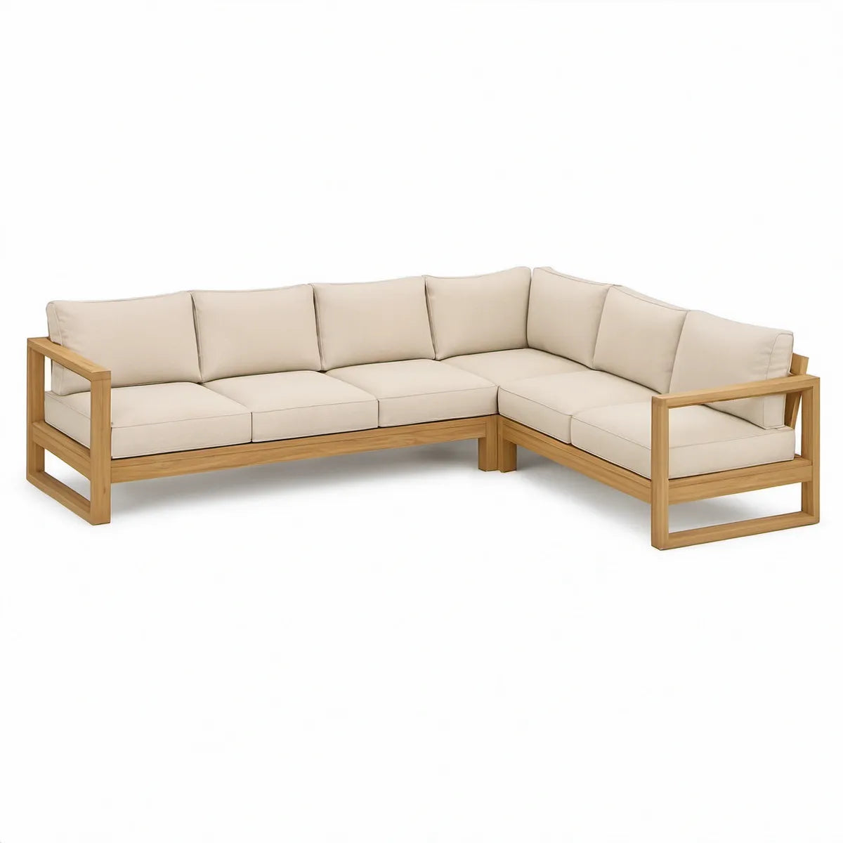 Garten-Ecklounge aus Teakholz mit beigen Kissen, 300 × 230 × 75 cm