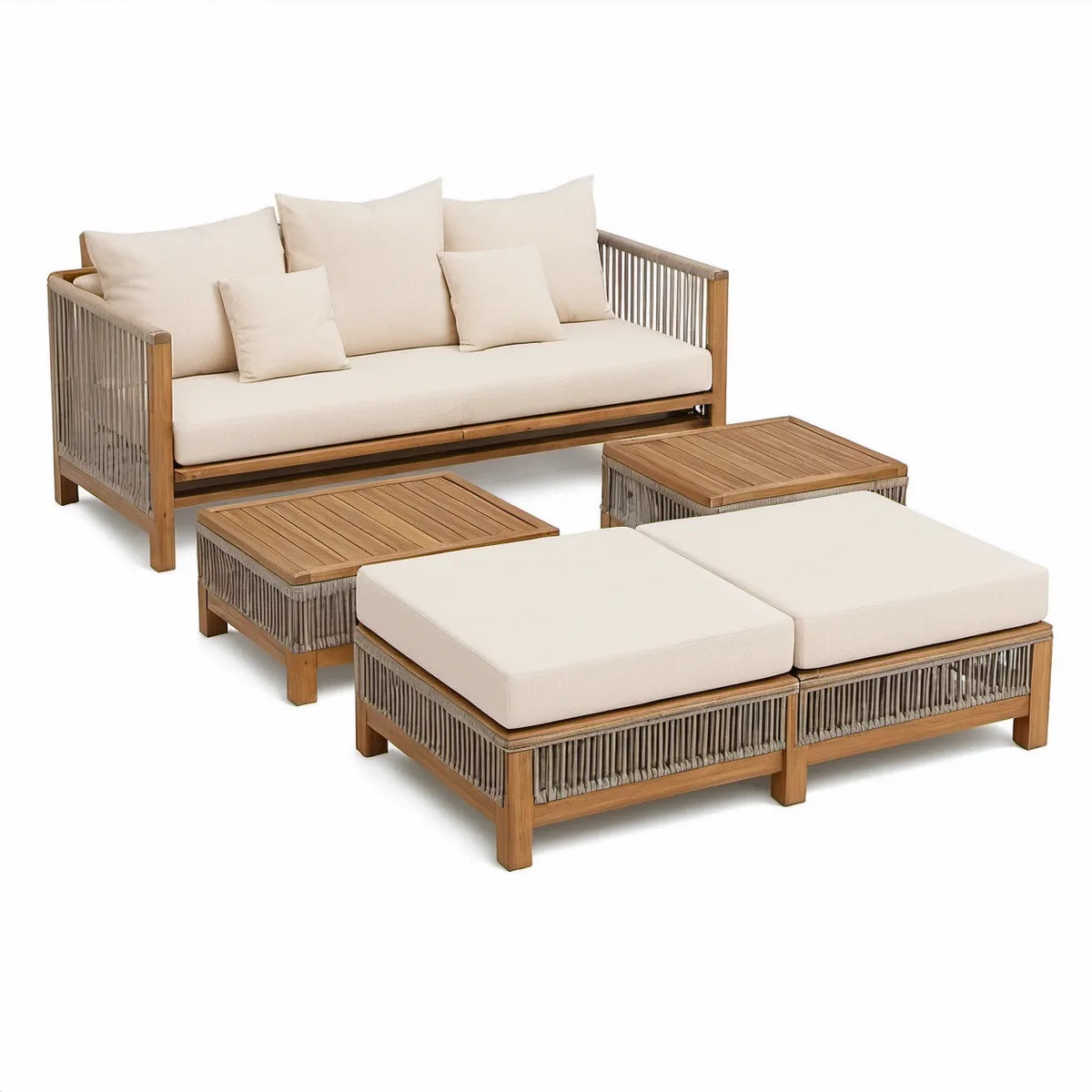 5-teiliges Garten-Lounge-Set aus Akazienholz mit Seilgeflecht, Naturbraun/Grau/Beige, Zweisitzer 158 x 78 x 76 cm