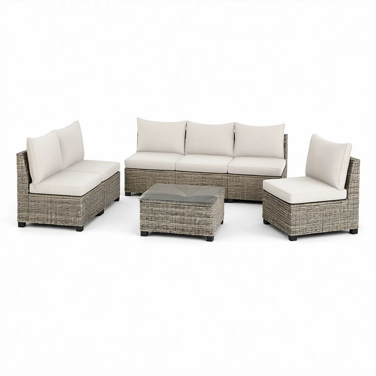 5-teiliges Garten-Lounge-Set aus PE-Rattan, Grau/Creme, Sofa 180 x 70 x 65 cm