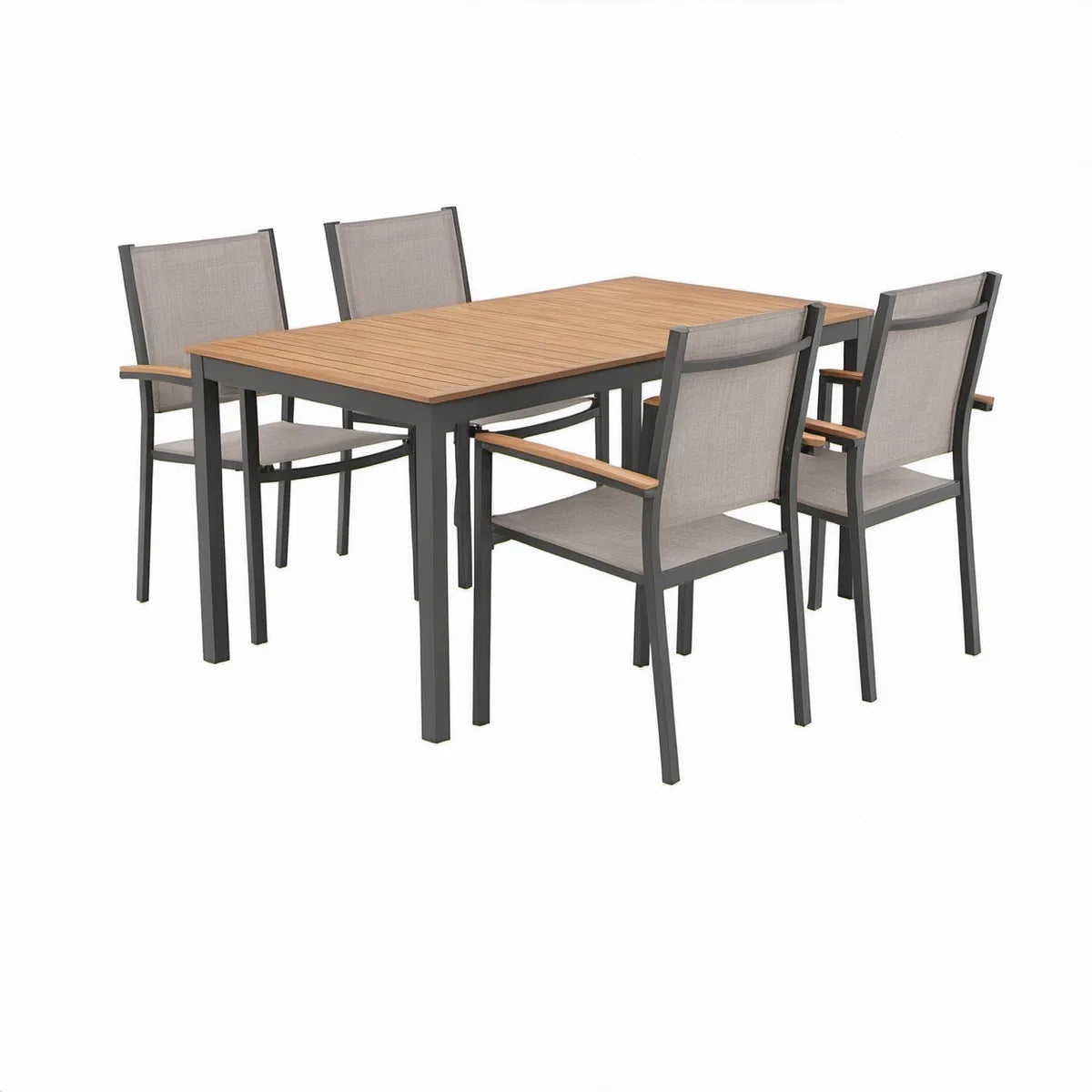 5-teiliges Garten-Set mit Tisch 150 x 90 x 74 cm und 4 Armlehnstühlen in Anthrazit, Grau und Braun
