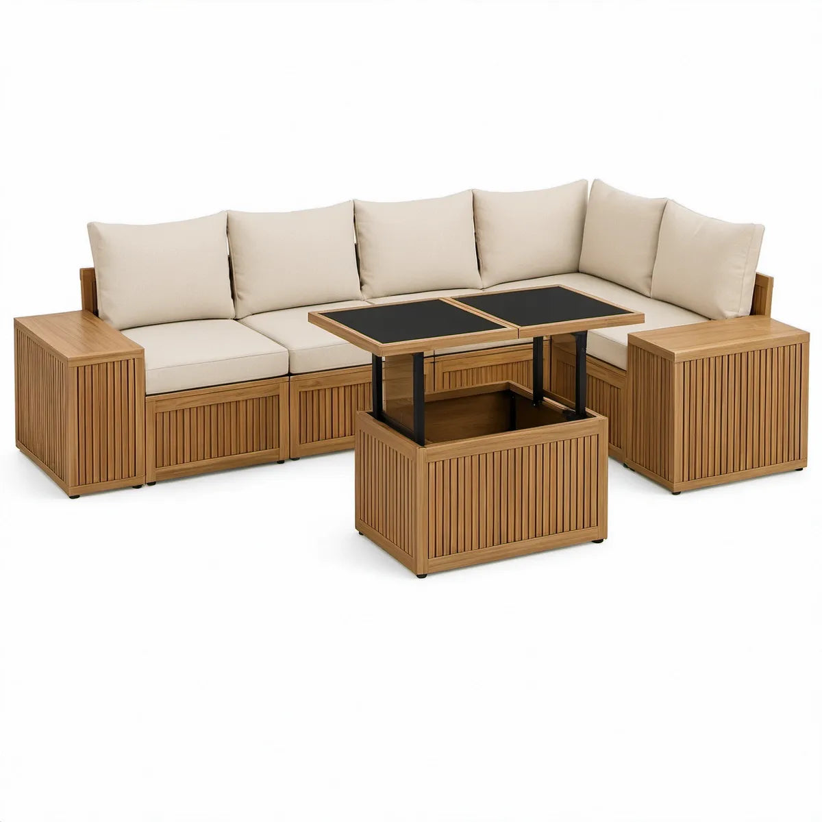 5-teiliges Gartenlounge-Eckset aus Akazienholz, 270 x 210 cm, Beige/Naturbraun mit höhenverstellbarem Tisch