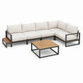 6-teiliges Gartenlounge-Set in L-Form aus Aluminium und Akazienholz, Schwarz/Beige, 300 x 220 x 70 cm