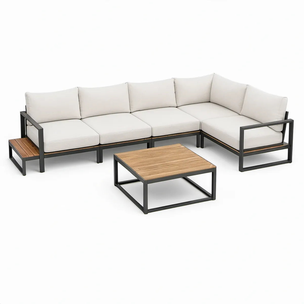 6-teiliges Gartenlounge-Set in L-Form aus Aluminium und Akazienholz, Schwarz/Beige, 300 x 220 x 70 cm