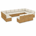 9-teiliges Gartenlounge-Set in U-Form aus Akazien-Massivholz Natur mit cremefarbenen Kissen, je 70 x 70 x 60 cm
