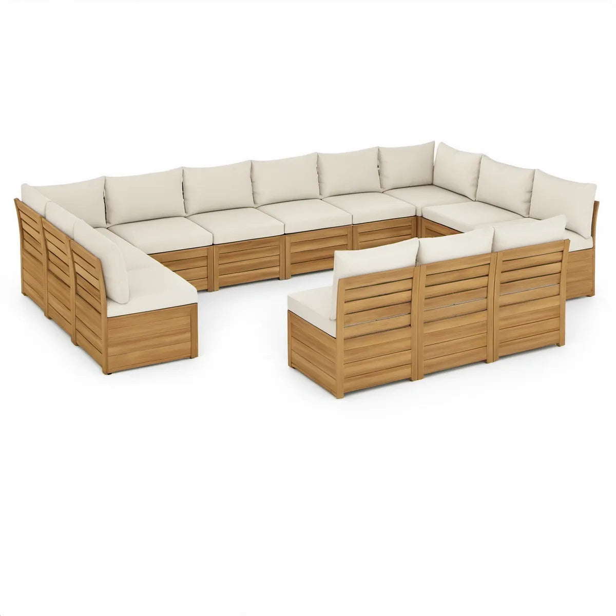 9-teiliges Gartenlounge-Set in U-Form aus Akazien-Massivholz Natur mit cremefarbenen Kissen, je 70 x 70 x 60 cm